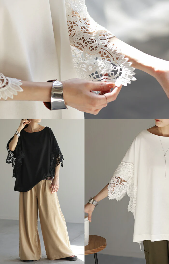 Tシャツ レース 袖 トップス レディース ロング レイヤード 半袖 チュニック 薄手 きれいめ ゆったり ボートネック カットソー ドルマン 体型カバー 二の腕カバー 無地 透け スリット ケープ 風 お尻が隠れる フレア 大きいサイズ 黒 白 春 夏 HUG.U メール便 - Image 11
