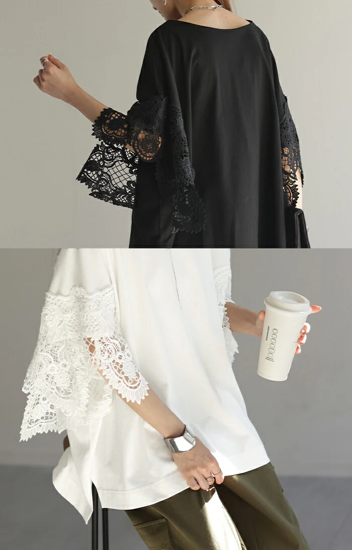 Tシャツ レース 袖 トップス レディース ロング レイヤード 半袖 チュニック 薄手 きれいめ ゆったり ボートネック カットソー ドルマン 体型カバー 二の腕カバー 無地 透け スリット ケープ 風 お尻が隠れる フレア 大きいサイズ 黒 白 春 夏 HUG.U メール便 - Image 15