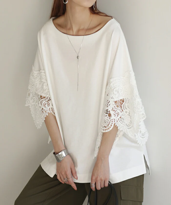 Tシャツ レース 袖 トップス レディース ロング レイヤード 半袖 チュニック 薄手 きれいめ ゆったり ボートネック カットソー ドルマン 体型カバー 二の腕カバー 無地 透け スリット ケープ 風 お尻が隠れる フレア 大きいサイズ 黒 白 春 夏 HUG.U メール便 - Image 22