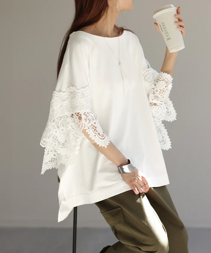Tシャツ レース 袖 トップス レディース ロング レイヤード 半袖 チュニック 薄手 きれいめ ゆったり ボートネック カットソー ドルマン 体型カバー 二の腕カバー 無地 透け スリット ケープ 風 お尻が隠れる フレア 大きいサイズ 黒 白 春 夏 HUG.U メール便 - Image 26