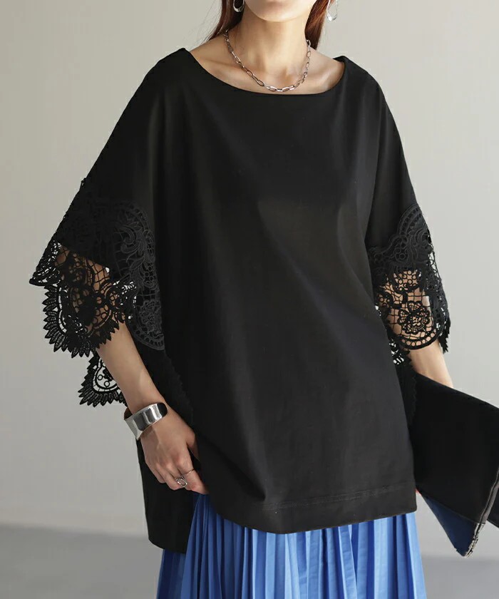 Tシャツ レース 袖 トップス レディース ロング レイヤード 半袖 チュニック 薄手 きれいめ ゆったり ボートネック カットソー ドルマン 体型カバー 二の腕カバー 無地 透け スリット ケープ 風 お尻が隠れる フレア 大きいサイズ 黒 白 春 夏 HUG.U メール便 - Image 5
