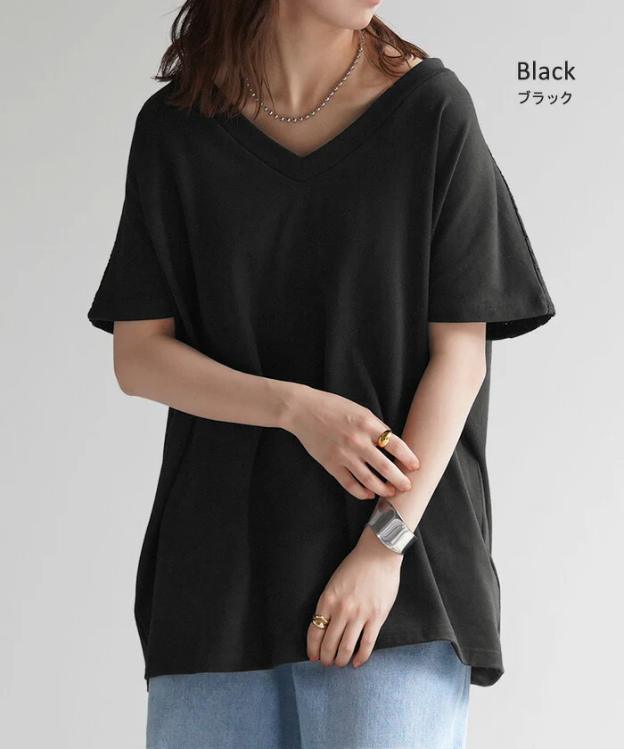 Tシャツ バックレース 綿100% レディース トップス 深Vネック 無地 半袖 フレンチスリーブ お尻が隠れる 体型カバー カットソー ボックスシルエット ドルマン Vネック ロング チュニック ヘビーオンス 厚手 きれいめ 大きいサイズ 白 黒 春 夏 HUG.U メール便 - Image 13