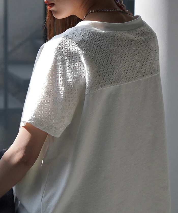 Tシャツ バックレース 綿100% レディース トップス 深Vネック 無地 半袖 フレンチスリーブ お尻が隠れる 体型カバー カットソー ボックスシルエット ドルマン Vネック ロング チュニック ヘビーオンス 厚手 きれいめ 大きいサイズ 白 黒 春 夏 HUG.U メール便 - Image 15