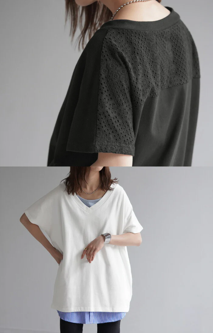 Tシャツ バックレース 綿100% レディース トップス 深Vネック 無地 半袖 フレンチスリーブ お尻が隠れる 体型カバー カットソー ボックスシルエット ドルマン Vネック ロング チュニック ヘビーオンス 厚手 きれいめ 大きいサイズ 白 黒 春 夏 HUG.U メール便 - Image 9