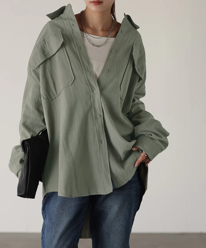 シャツ 微 起毛 綿100％ ロング レディース トップス ブラウス 羽織 レイヤード 裏起毛 重ね着 ドロップショルダー お尻が隠れる 無地 長袖 襟 Vネック 大きいサイズ 体型カバー チュニック ドルマン 抜き襟 きれいめ 暖かい ネイビー 黒 春 夏 HUG.U メール便 - Image 29