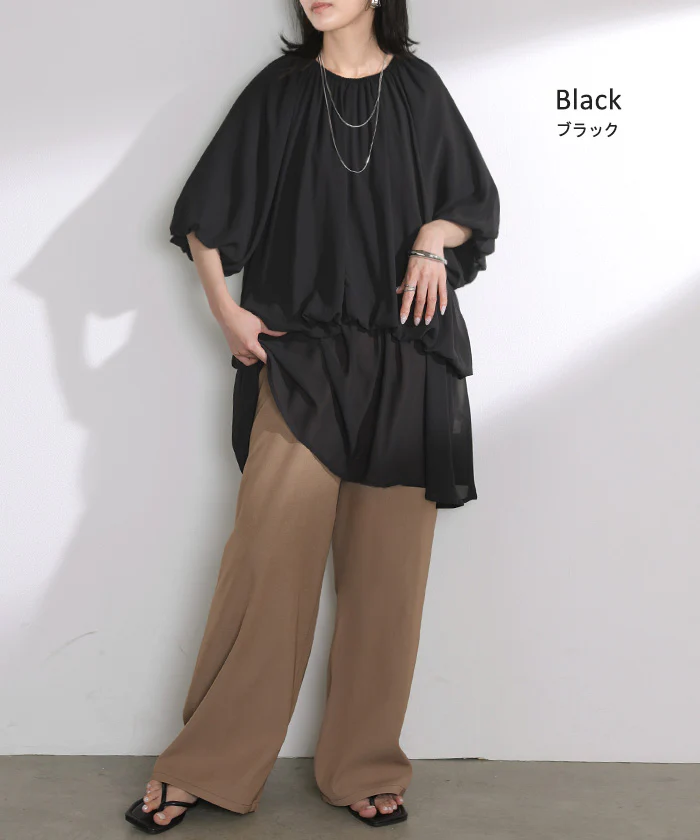【夏セール】 シャツ レディース ギャザー トップス バンドカラー ブラウス ノーカラー ロング ロングシャツ チュニック 半袖 無地 プルオーバー ボリュームスリーブ きれいめ ゆったり 大きいサイズ 体型カバー フレア お尻が隠れる 黒 白 春 夏 HUG.U - Image 11
