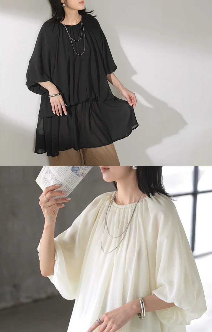 【夏セール】 シャツ レディース ギャザー トップス バンドカラー ブラウス ノーカラー ロング ロングシャツ チュニック 半袖 無地 プルオーバー ボリュームスリーブ きれいめ ゆったり 大きいサイズ 体型カバー フレア お尻が隠れる 黒 白 春 夏 HUG.U - Image 15