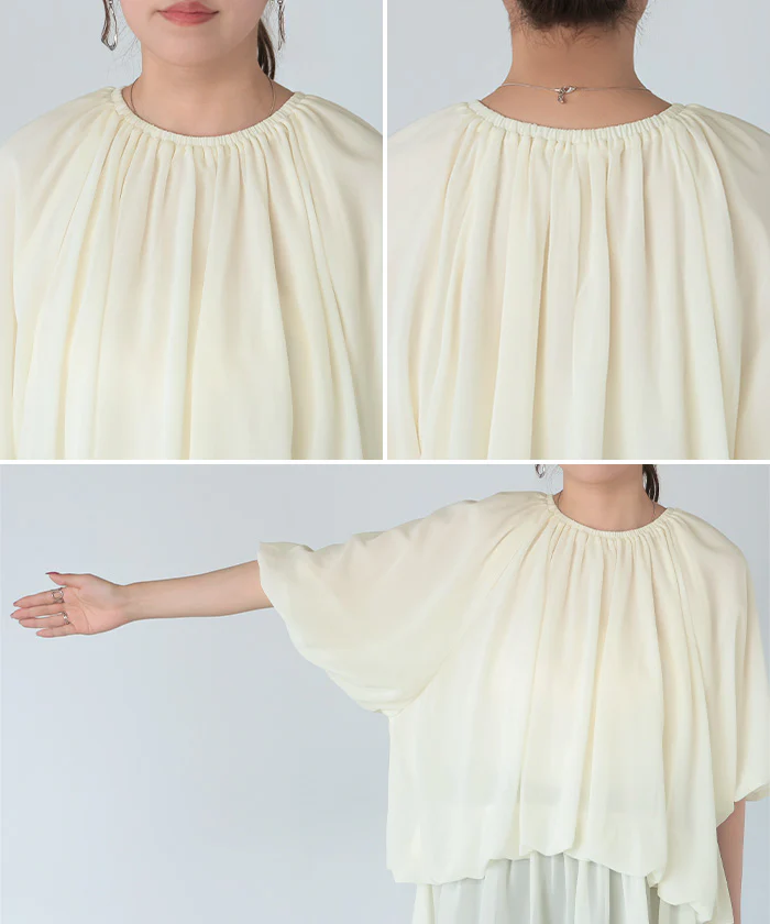 【夏セール】 シャツ レディース ギャザー トップス バンドカラー ブラウス ノーカラー ロング ロングシャツ チュニック 半袖 無地 プルオーバー ボリュームスリーブ きれいめ ゆったり 大きいサイズ 体型カバー フレア お尻が隠れる 黒 白 春 夏 HUG.U - Image 22
