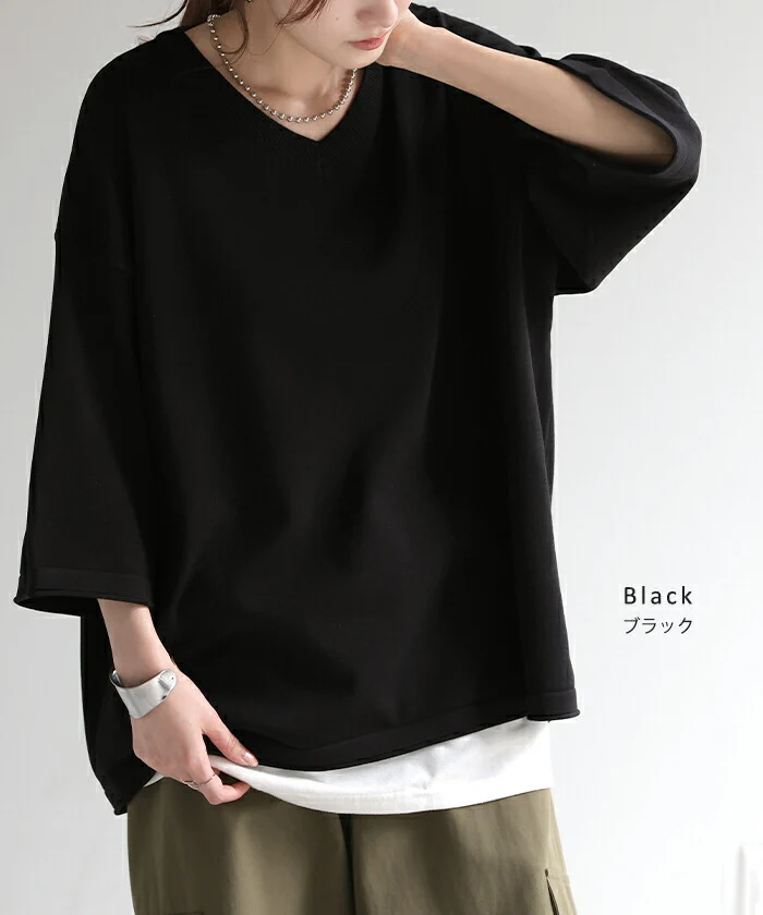 サマーニット Vネック 涼しい レディース 二の腕カバー Tシャツ ■一部7月中旬入荷 無地 ボーダー 半袖 七分袖 ジャスト丈 トップス ニット ロング オーバーサイズ 着痩せ ゆったり チュニック 体型カバー ドロップショルダー きれいめ 大きいサイズ 白 黒 春 夏 HUG.U - Image 20