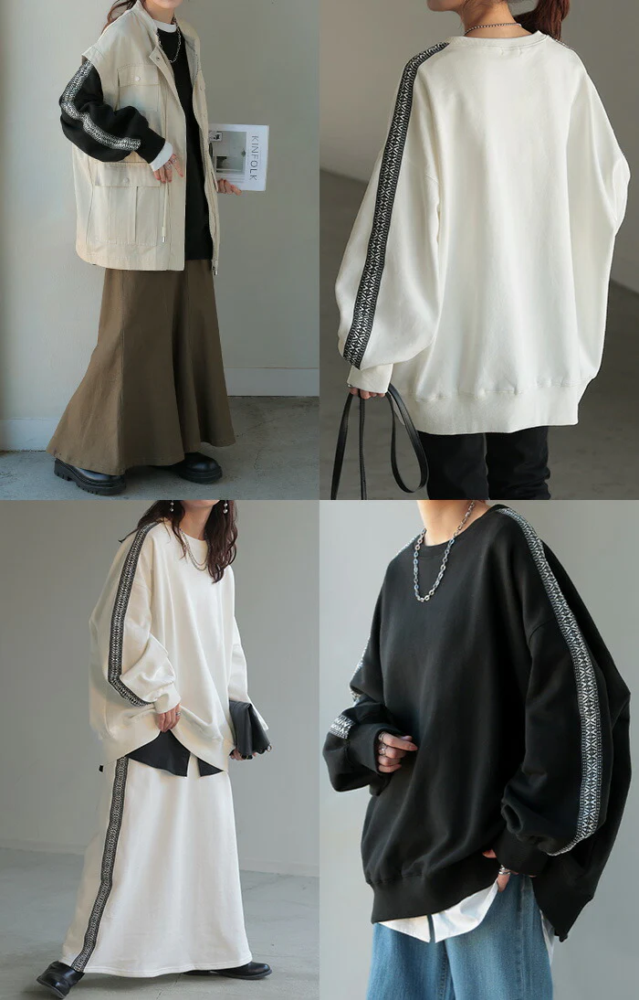 スウェット チュニック 刺繍 トップス レディース ロング トレーナー オーバー プルオーバー 無地 長袖 長い ドルマン クルーネック ボリュームスリーブ リブ 体型カバー 大きいサイズ お尻が隠れる 別売り セットアップ 可 黒 白 春 夏 HUG.U - Image 21