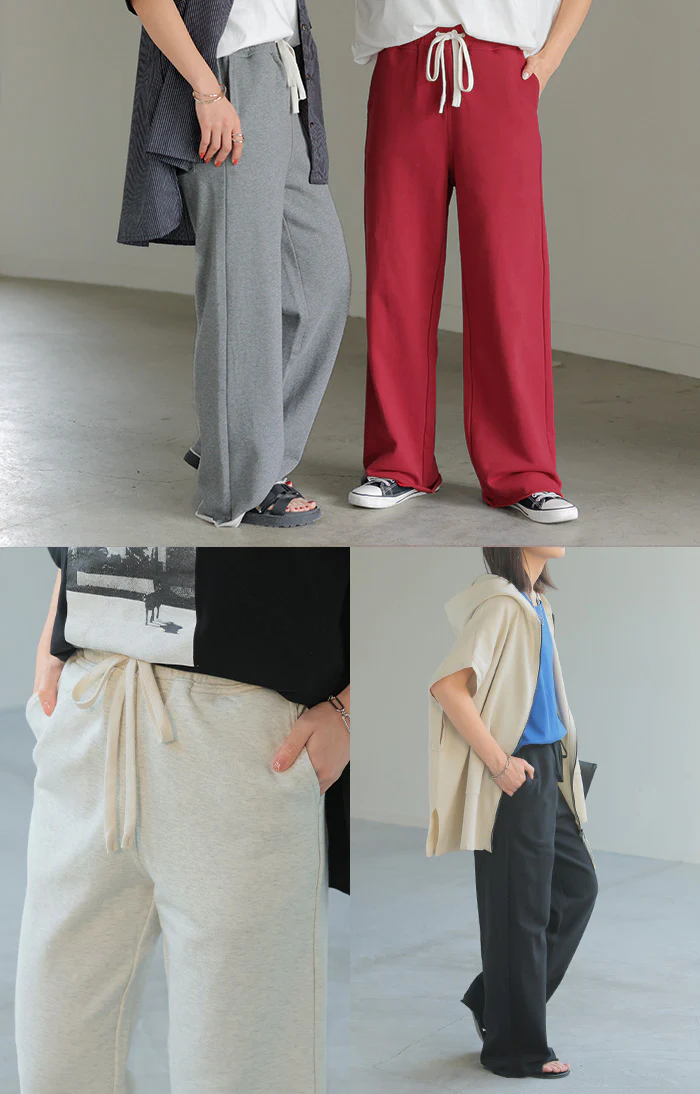 パンツ 綿100% スウェットパンツ レディース 厚手 スウェット ワイド ワイドパンツ ロング ロングパンツ 長い 体型カバー ボトムス ボトム ストレート ズボン ジャージ ゆったり ハイウエスト ストレッチ 大きいサイズ ゴム 黒 赤 春 夏 HUG.U - Image 20