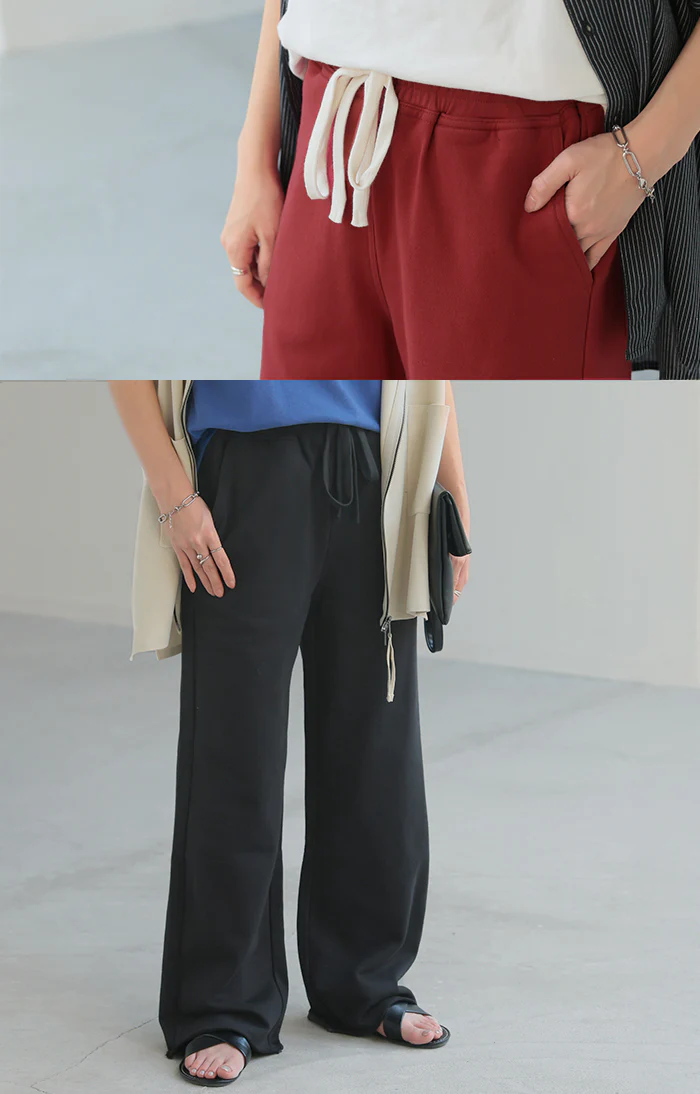 パンツ 綿100% スウェットパンツ レディース 厚手 スウェット ワイド ワイドパンツ ロング ロングパンツ 長い 体型カバー ボトムス ボトム ストレート ズボン ジャージ ゆったり ハイウエスト ストレッチ 大きいサイズ ゴム 黒 赤 春 夏 HUG.U - Image 3