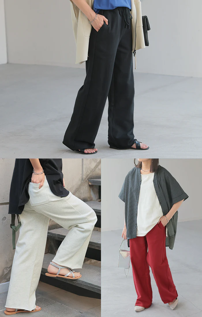 パンツ 綿100% スウェットパンツ レディース 厚手 スウェット ワイド ワイドパンツ ロング ロングパンツ 長い 体型カバー ボトムス ボトム ストレート ズボン ジャージ ゆったり ハイウエスト ストレッチ 大きいサイズ ゴム 黒 赤 春 夏 HUG.U - Image 7
