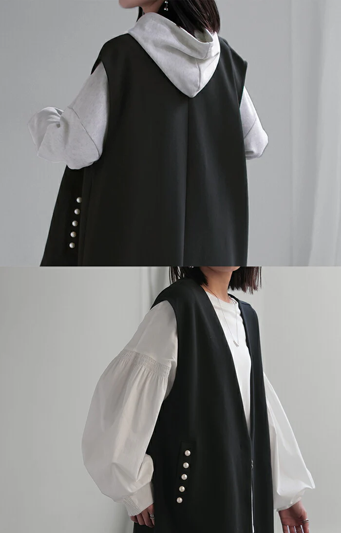 ベスト ジレ パール ロングベスト レディース トップス アウター ノーカラ― Vネック ロング ロングジレ ノースリーブ 羽織 薄手 レイヤード 体型カバー 無地 きれいめ おしゃれ フォーマル 前開き お尻が隠れる 大きいサイズ 黒 春 夏 HUG.U - Image 10