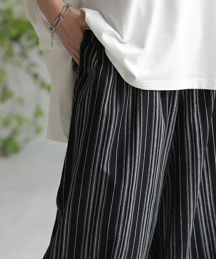 【夏セール】 パンツ ワイドパンツ リネン 綿 レディース ■一部7月中旬入荷 フレアパンツ ワイド タックパンツ ナチュラル ロング ロングパンツ ズボン ずぼん ボトムス ハイウエスト 麻 ストライプ ストライプパンツ リネンパンツ 体型カバー ゴム 大きいサイズ 白 黒 春 夏 HUG.U メール便 - Image 21