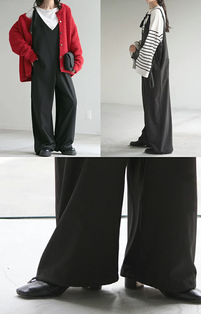 オールインワン レディース サロペット サロペ 大きいサイズ 2Way つなぎ ワイドパンツ ワイド オーバーオール パンツ ボトムス ジョガーパンツ ズボン ロング 体型カバー 薄い 軽い ビッグシルエット ゆったり 無地 シンプル 黒 ブラック 春 夏 HUG.U - Image 17