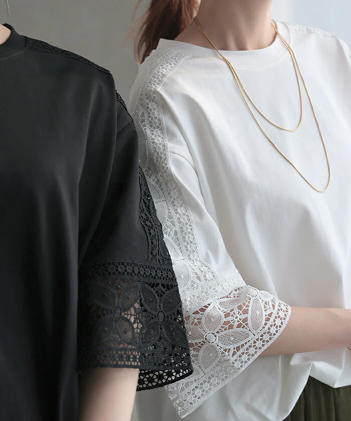 Tシャツ レース 接触冷感 トップス 半袖 レディース ■一部7月中旬入荷 カットソー ロング ティーシャツ 花柄 チュニック ビッグ クルーネック ドルマン ドルマンスリーブ ゆったり 無地 体型カバー お尻が隠れる きれいめ 大きいサイズ おしゃれ 白 黒 春 夏 HUG.U メール便 - Image 15