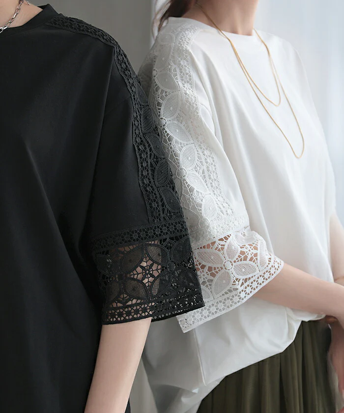 Tシャツ レース 接触冷感 トップス 半袖 レディース ■一部7月中旬入荷 カットソー ロング ティーシャツ 花柄 チュニック ビッグ クルーネック ドルマン ドルマンスリーブ ゆったり 無地 体型カバー お尻が隠れる きれいめ 大きいサイズ おしゃれ 白 黒 春 夏 HUG.U メール便 - Image 3