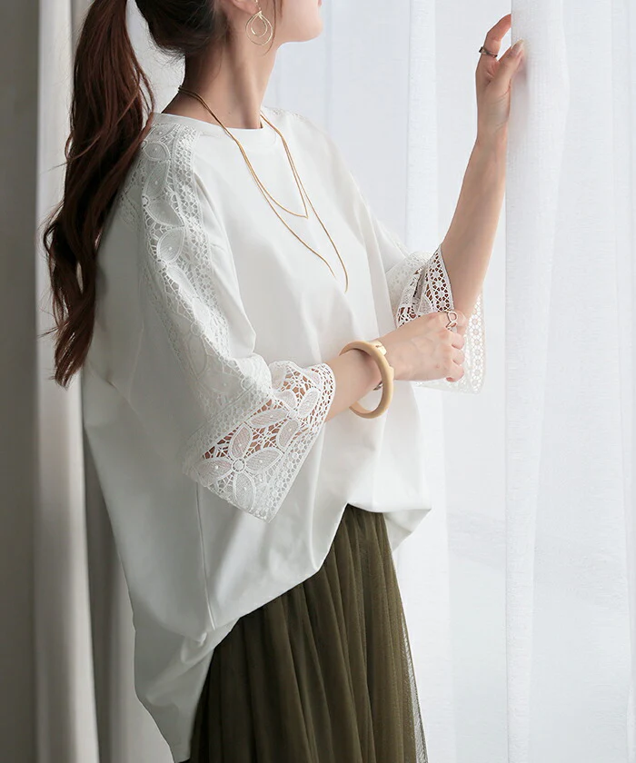 Tシャツ レース 接触冷感 トップス 半袖 レディース ■一部7月中旬入荷 カットソー ロング ティーシャツ 花柄 チュニック ビッグ クルーネック ドルマン ドルマンスリーブ ゆったり 無地 体型カバー お尻が隠れる きれいめ 大きいサイズ おしゃれ 白 黒 春 夏 HUG.U メール便 - Image 5