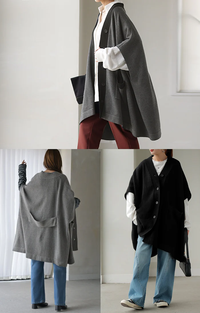 カーディガン ポンチョ ロング レディース トップス アウター ニット ケープ Vネック レイヤード 重ね着 ロングカーディガン カーデ 半袖 お尻が隠れる 羽織 二の腕カバー オーバーサイズ オーバー 無地 体型カバー 大きいサイズ きれいめ ネイビー 黒 秋 冬 HUG.U - Image 23