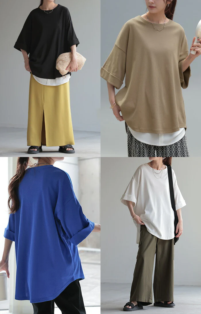 Tシャツ レディース トップス 綿 混 カットソー 涼しい オーバーサイズ ティーシャツ 二の腕カバー ドルマン Uネック ビッグ チュニック 体型カバー 半袖 ゆる 大きいサイズ ロング ゆったり お尻が隠れる 無地 ストレッチ きれいめ 白 黒 春 夏 HUG.U メール便 - Image 14