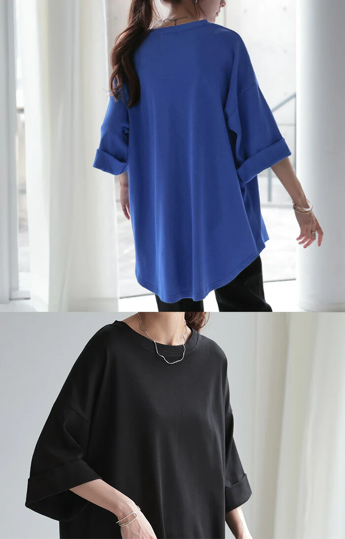 Tシャツ レディース トップス 綿 混 カットソー 涼しい オーバーサイズ ティーシャツ 二の腕カバー ドルマン Uネック ビッグ チュニック 体型カバー 半袖 ゆる 大きいサイズ ロング ゆったり お尻が隠れる 無地 ストレッチ きれいめ 白 黒 春 夏 HUG.U メール便 - Image 27
