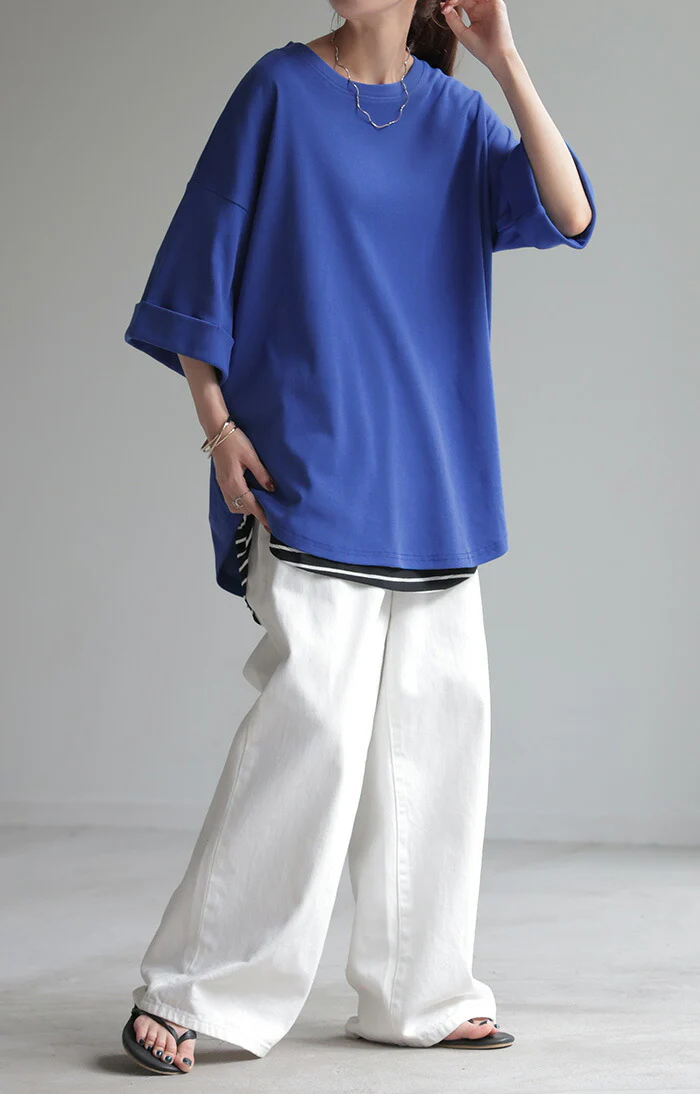 Tシャツ レディース トップス 綿 混 カットソー 涼しい オーバーサイズ ティーシャツ 二の腕カバー ドルマン Uネック ビッグ チュニック 体型カバー 半袖 ゆる 大きいサイズ ロング ゆったり お尻が隠れる 無地 ストレッチ きれいめ 白 黒 春 夏 HUG.U メール便 - Image 9