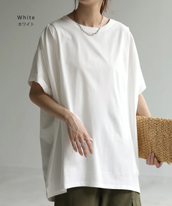 Tシャツ 接触冷感 ロング レディース トップス ティーシャツ 涼しい 薄手 カットソー ドルマン ビッグ チュニック 体型カバー 半袖 変形 長い タック Uネック フレンチスリーブ 大きいサイズ ゆったり お尻が隠れる 無地 きれいめ 白 黒 春 夏 HUG.U メール便 - Image 29