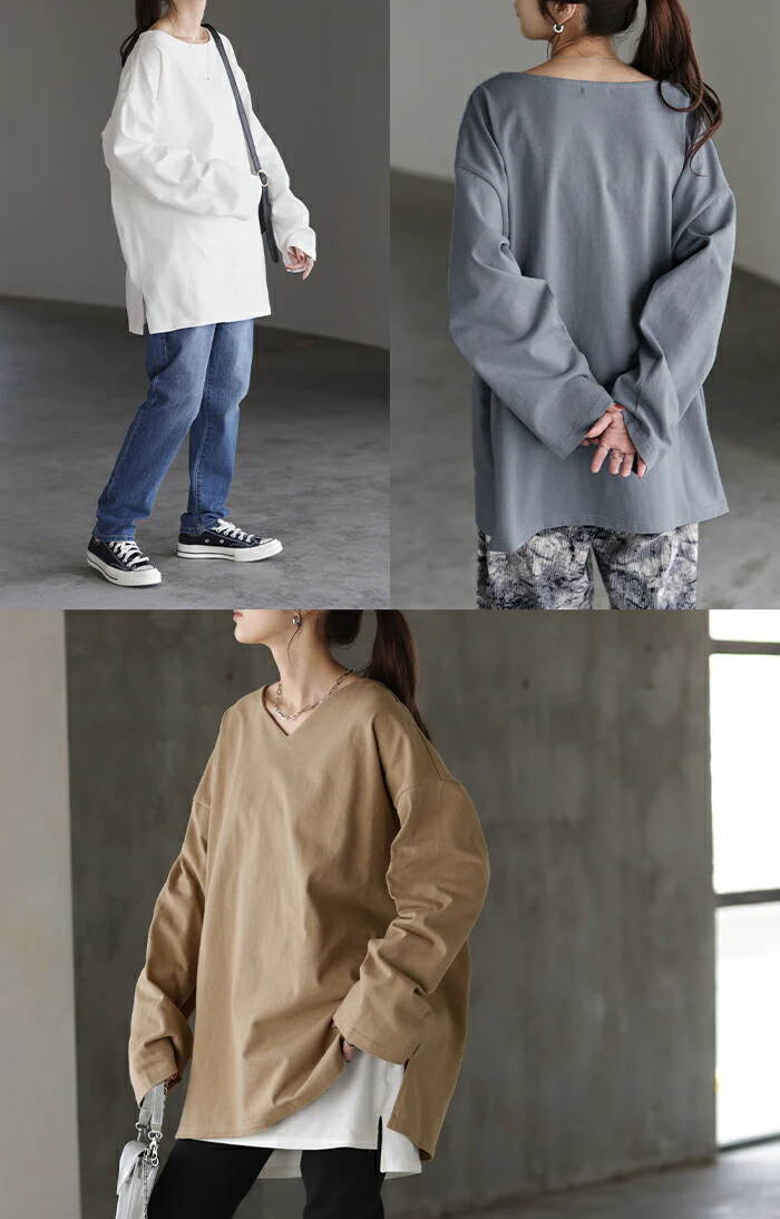 ロンT 選べる Uネック Vネック 綿100% レディース トップス カットソー ティーシャツ 無地 長袖 Tシャツ ロング チュニック ビッグ ゆったり ドルマン 大きいサイズ 体型カバー お尻が隠れる きれいめ ベーシック 黒 白 秋 冬 HUG.U メール便 - Image 28