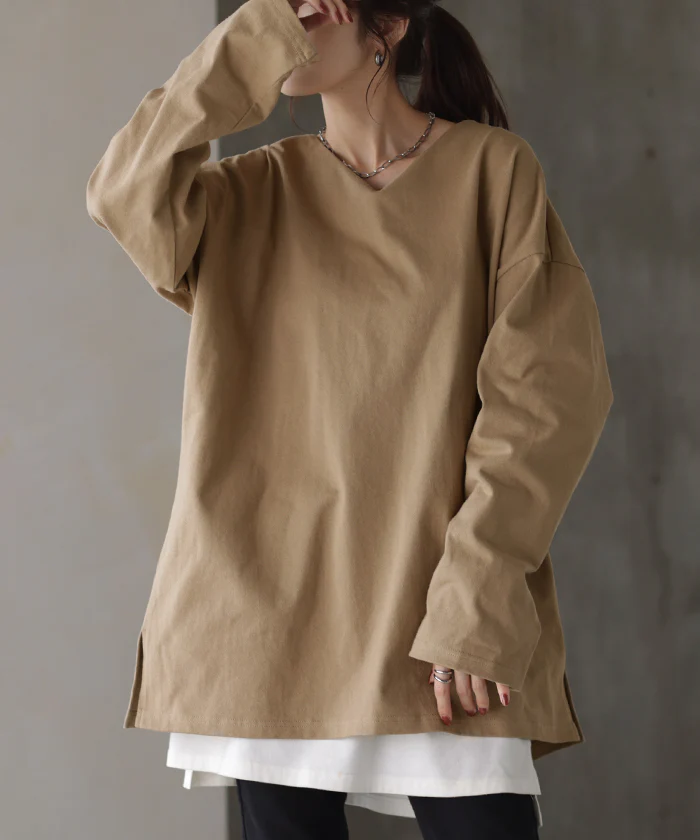 ロンT 選べる Uネック Vネック 綿100% レディース トップス カットソー ティーシャツ 無地 長袖 Tシャツ ロング チュニック ビッグ ゆったり ドルマン 大きいサイズ 体型カバー お尻が隠れる きれいめ ベーシック 黒 白 秋 冬 HUG.U メール便 - Image 32