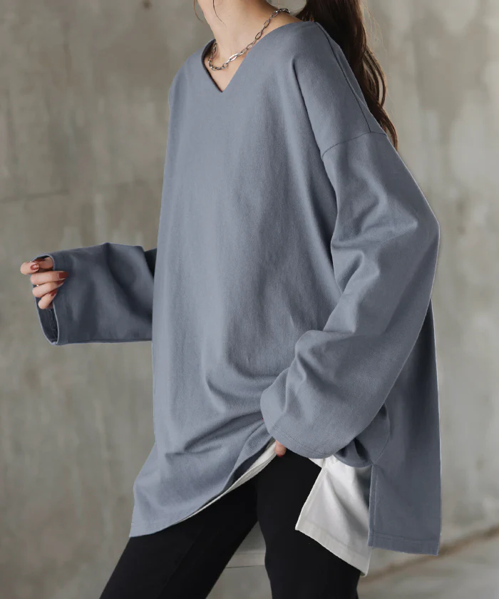 ロンT 選べる Uネック Vネック 綿100% レディース トップス カットソー ティーシャツ 無地 長袖 Tシャツ ロング チュニック ビッグ ゆったり ドルマン 大きいサイズ 体型カバー お尻が隠れる きれいめ ベーシック 黒 白 秋 冬 HUG.U メール便 - Image 35