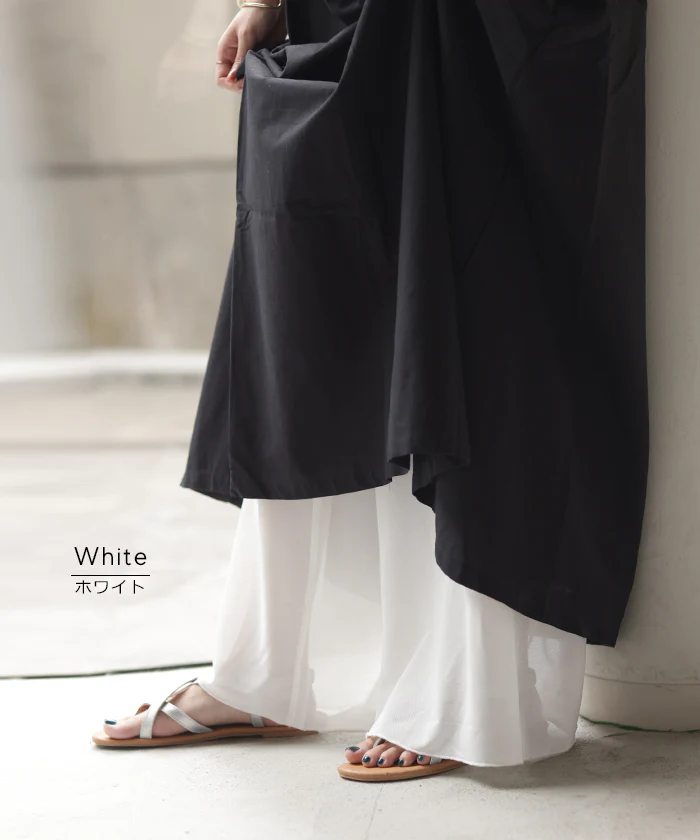 ペチパンツ メッシュ 綿 レディース レイヤード ペチコート ワイド パンツ 無地 コットン シアー 切り替え ズボン フレア メッシュパンツ 裾パンツ ボトムス 体型カバー ウエストゴム ロング インナー 肌隠し 重ね着 大きいサイズ 白 黒 春 夏 HUG.U メール便 - Image 12