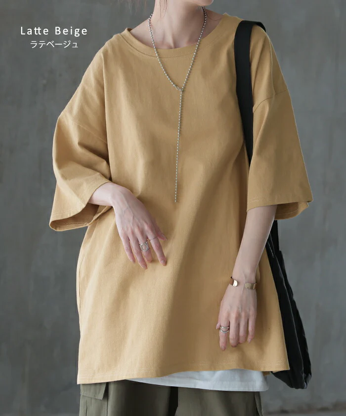 Tシャツ 綿100％ ロング レディース カットソー ■一部7月中旬入荷 ティーシャツ チュニック 半袖 トップス 長い Uネック 二の腕カバー ルーズ お尻が隠れる 無地 オーバーサイズ リネン 風 体型カバー ベーシック コットン 大きいサイズ 黒 ホワイト 白 白T 春 夏 HUG.U メール便 - Image 20