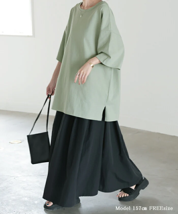 Tシャツ 綿100％ ロング レディース カットソー ■一部7月中旬入荷 ティーシャツ チュニック 半袖 トップス 長い Uネック 二の腕カバー ルーズ お尻が隠れる 無地 オーバーサイズ リネン 風 体型カバー ベーシック コットン 大きいサイズ 黒 ホワイト 白 白T 春 夏 HUG.U メール便 - Image 7