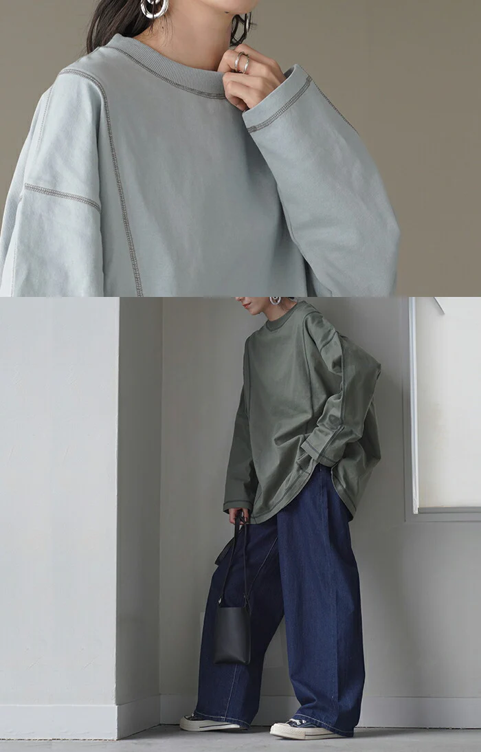 ロンT レディース カットソー ティーシャツ 無地 長袖 Tシャツ ロング チュニック 綿100 ルーズ ビッグ トップス Uネック 長い 大きいサイズ きれいめ ステッチ ヘビーオンス ゆったり 厚手 ドルマン 体型カバー 大人 おしゃれ 黒 白 春 夏 HUG.U メール便 - Image 10