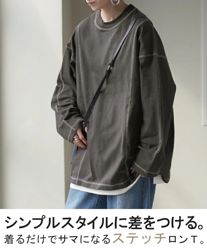 ロンT レディース カットソー ティーシャツ 無地 長袖 Tシャツ ロング チュニック 綿100 ルーズ ビッグ トップス Uネック 長い 大きいサイズ きれいめ ステッチ ヘビーオンス ゆったり 厚手 ドルマン 体型カバー 大人 おしゃれ 黒 白 春 夏 HUG.U メール便 - Image 2