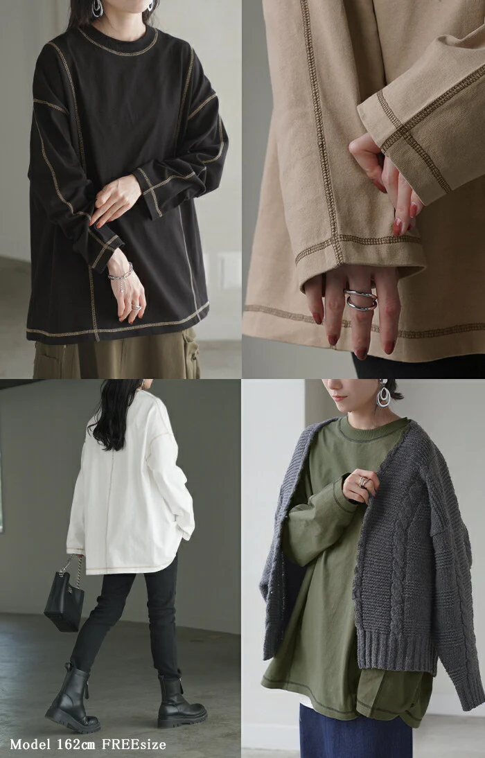 ロンT レディース カットソー ティーシャツ 無地 長袖 Tシャツ ロング チュニック 綿100 ルーズ ビッグ トップス Uネック 長い 大きいサイズ きれいめ ステッチ ヘビーオンス ゆったり 厚手 ドルマン 体型カバー 大人 おしゃれ 黒 白 春 夏 HUG.U メール便 - Image 21