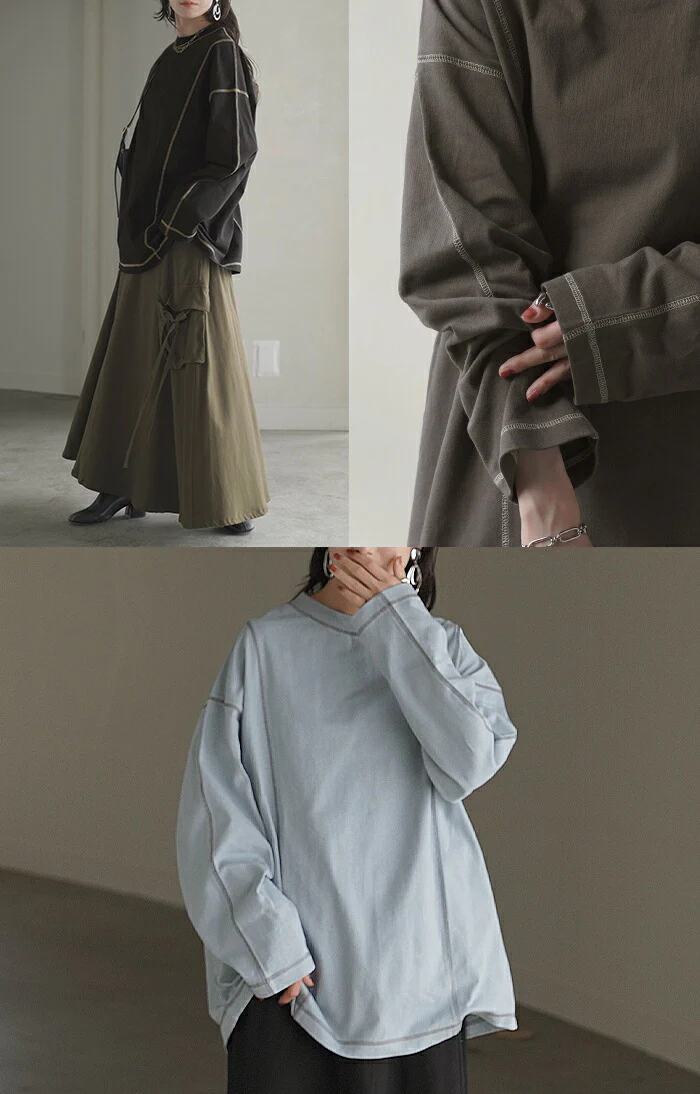 ロンT レディース カットソー ティーシャツ 無地 長袖 Tシャツ ロング チュニック 綿100 ルーズ ビッグ トップス Uネック 長い 大きいサイズ きれいめ ステッチ ヘビーオンス ゆったり 厚手 ドルマン 体型カバー 大人 おしゃれ 黒 白 春 夏 HUG.U メール便 - Image 24