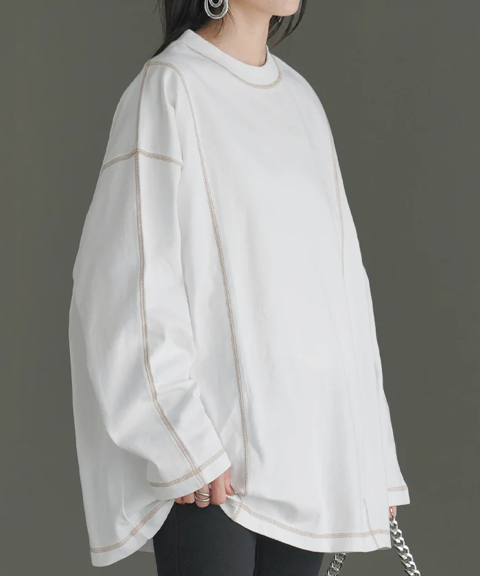 ロンT レディース カットソー ティーシャツ 無地 長袖 Tシャツ ロング チュニック 綿100 ルーズ ビッグ トップス Uネック 長い 大きいサイズ きれいめ ステッチ ヘビーオンス ゆったり 厚手 ドルマン 体型カバー 大人 おしゃれ 黒 白 春 夏 HUG.U メール便 - Image 27