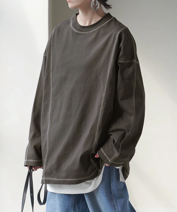 ロンT レディース カットソー ティーシャツ 無地 長袖 Tシャツ ロング チュニック 綿100 ルーズ ビッグ トップス Uネック 長い 大きいサイズ きれいめ ステッチ ヘビーオンス ゆったり 厚手 ドルマン 体型カバー 大人 おしゃれ 黒 白 春 夏 HUG.U メール便 - Image 28