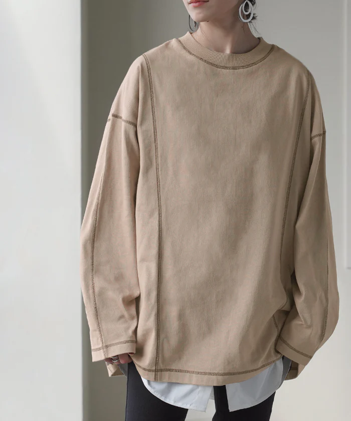 ロンT レディース カットソー ティーシャツ 無地 長袖 Tシャツ ロング チュニック 綿100 ルーズ ビッグ トップス Uネック 長い 大きいサイズ きれいめ ステッチ ヘビーオンス ゆったり 厚手 ドルマン 体型カバー 大人 おしゃれ 黒 白 春 夏 HUG.U メール便 - Image 30
