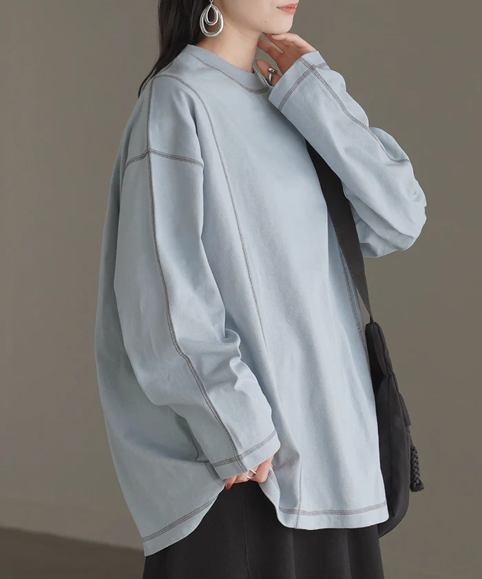 ロンT レディース カットソー ティーシャツ 無地 長袖 Tシャツ ロング チュニック 綿100 ルーズ ビッグ トップス Uネック 長い 大きいサイズ きれいめ ステッチ ヘビーオンス ゆったり 厚手 ドルマン 体型カバー 大人 おしゃれ 黒 白 春 夏 HUG.U メール便 - Image 31
