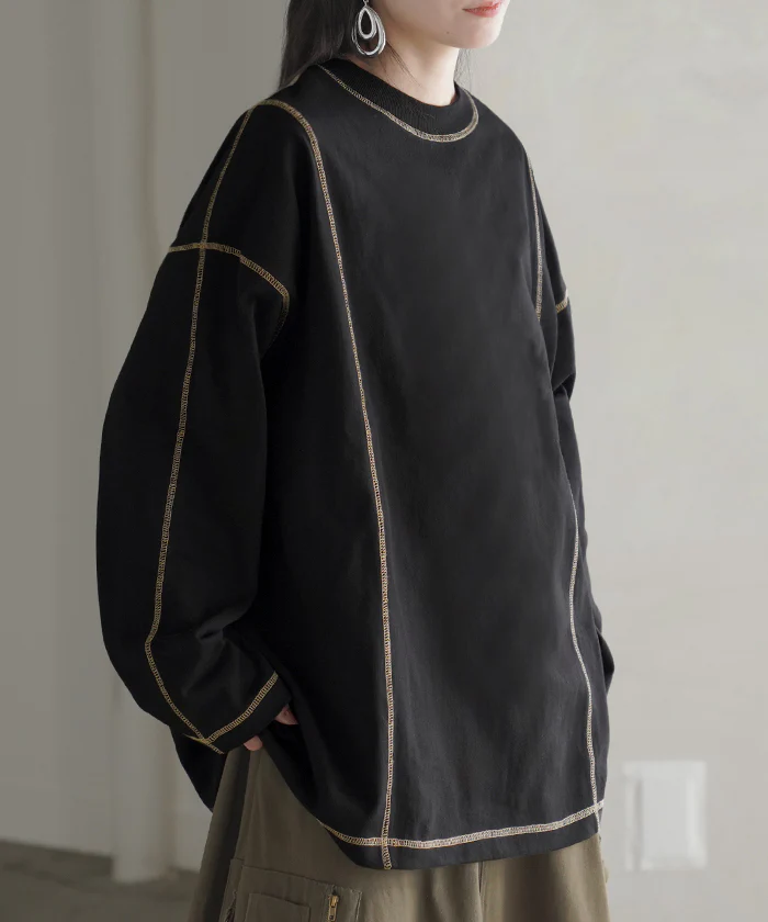 ロンT レディース カットソー ティーシャツ 無地 長袖 Tシャツ ロング チュニック 綿100 ルーズ ビッグ トップス Uネック 長い 大きいサイズ きれいめ ステッチ ヘビーオンス ゆったり 厚手 ドルマン 体型カバー 大人 おしゃれ 黒 白 春 夏 HUG.U メール便 - Image 32
