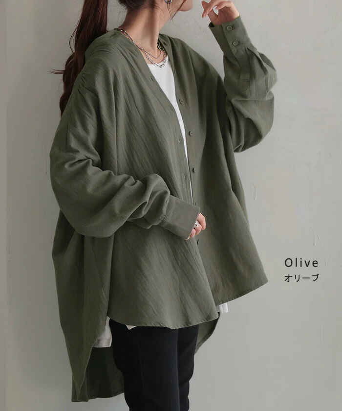 シャツ 微起毛 トップス ロング 綿100％ レディース ロングシャツ チュニック ブラウス ノーカラー バンドカラー オーバーサイズ ゆったり 二の腕カバー ドルマン 体型カバー お尻が隠れる 羽織 長袖 大きいサイズ 黒 白 カーキ 春 夏 HUG.U - Image 11