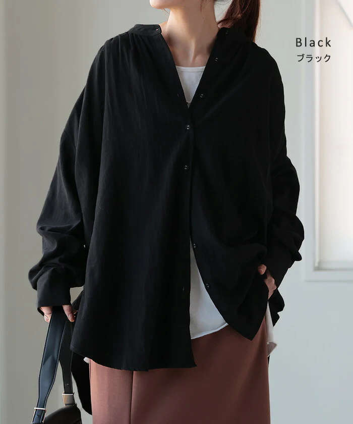 シャツ 微起毛 トップス ロング 綿100％ レディース ロングシャツ チュニック ブラウス ノーカラー バンドカラー オーバーサイズ ゆったり 二の腕カバー ドルマン 体型カバー お尻が隠れる 羽織 長袖 大きいサイズ 黒 白 カーキ 春 夏 HUG.U - Image 13