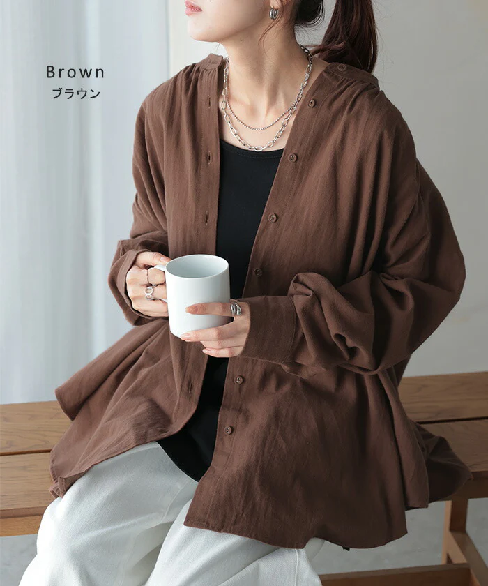シャツ 微起毛 トップス ロング 綿100％ レディース ロングシャツ チュニック ブラウス ノーカラー バンドカラー オーバーサイズ ゆったり 二の腕カバー ドルマン 体型カバー お尻が隠れる 羽織 長袖 大きいサイズ 黒 白 カーキ 春 夏 HUG.U - Image 16