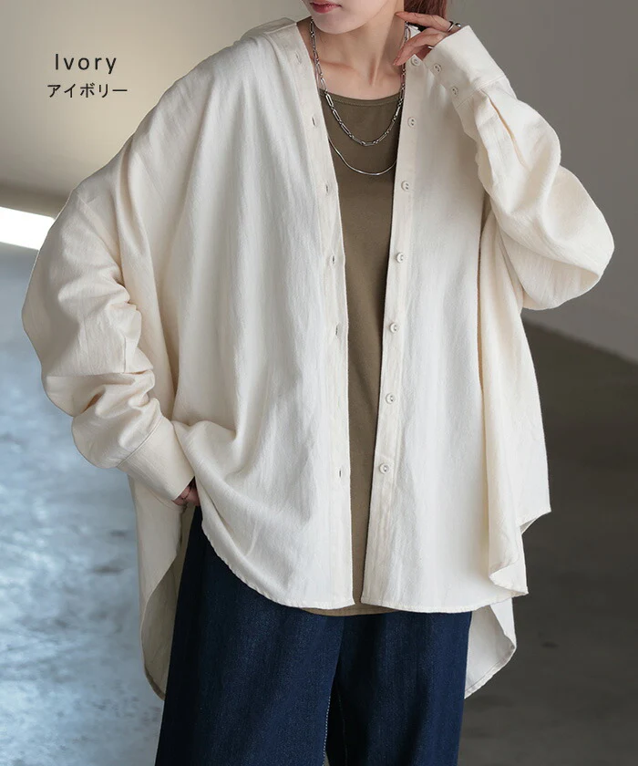 シャツ 微起毛 トップス ロング 綿100％ レディース ロングシャツ チュニック ブラウス ノーカラー バンドカラー オーバーサイズ ゆったり 二の腕カバー ドルマン 体型カバー お尻が隠れる 羽織 長袖 大きいサイズ 黒 白 カーキ 春 夏 HUG.U - Image 17