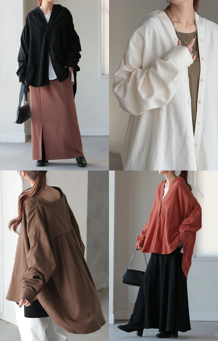 シャツ 微起毛 トップス ロング 綿100％ レディース ロングシャツ チュニック ブラウス ノーカラー バンドカラー オーバーサイズ ゆったり 二の腕カバー ドルマン 体型カバー お尻が隠れる 羽織 長袖 大きいサイズ 黒 白 カーキ 春 夏 HUG.U - Image 21