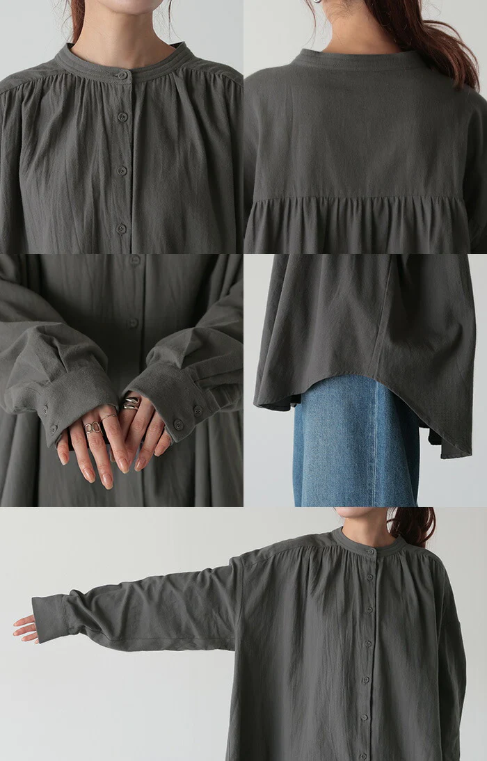 シャツ 微起毛 トップス ロング 綿100％ レディース ロングシャツ チュニック ブラウス ノーカラー バンドカラー オーバーサイズ ゆったり 二の腕カバー ドルマン 体型カバー お尻が隠れる 羽織 長袖 大きいサイズ 黒 白 カーキ 春 夏 HUG.U - Image 22
