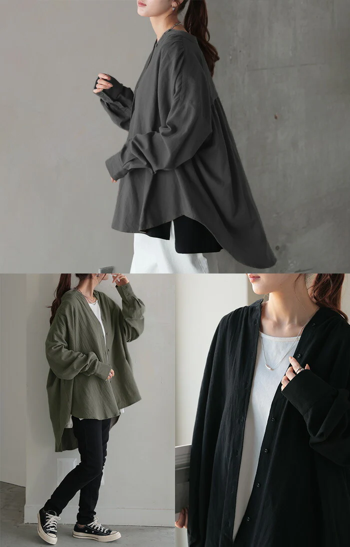 シャツ 微起毛 トップス ロング 綿100％ レディース ロングシャツ チュニック ブラウス ノーカラー バンドカラー オーバーサイズ ゆったり 二の腕カバー ドルマン 体型カバー お尻が隠れる 羽織 長袖 大きいサイズ 黒 白 カーキ 春 夏 HUG.U - Image 4